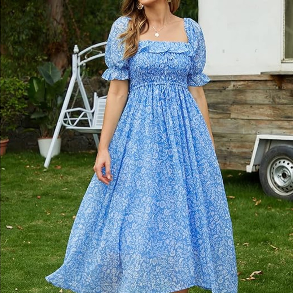 Sky Blue Floral Square-Neck Maxi Dress with Puff Sleeves - Picture 3 of 11